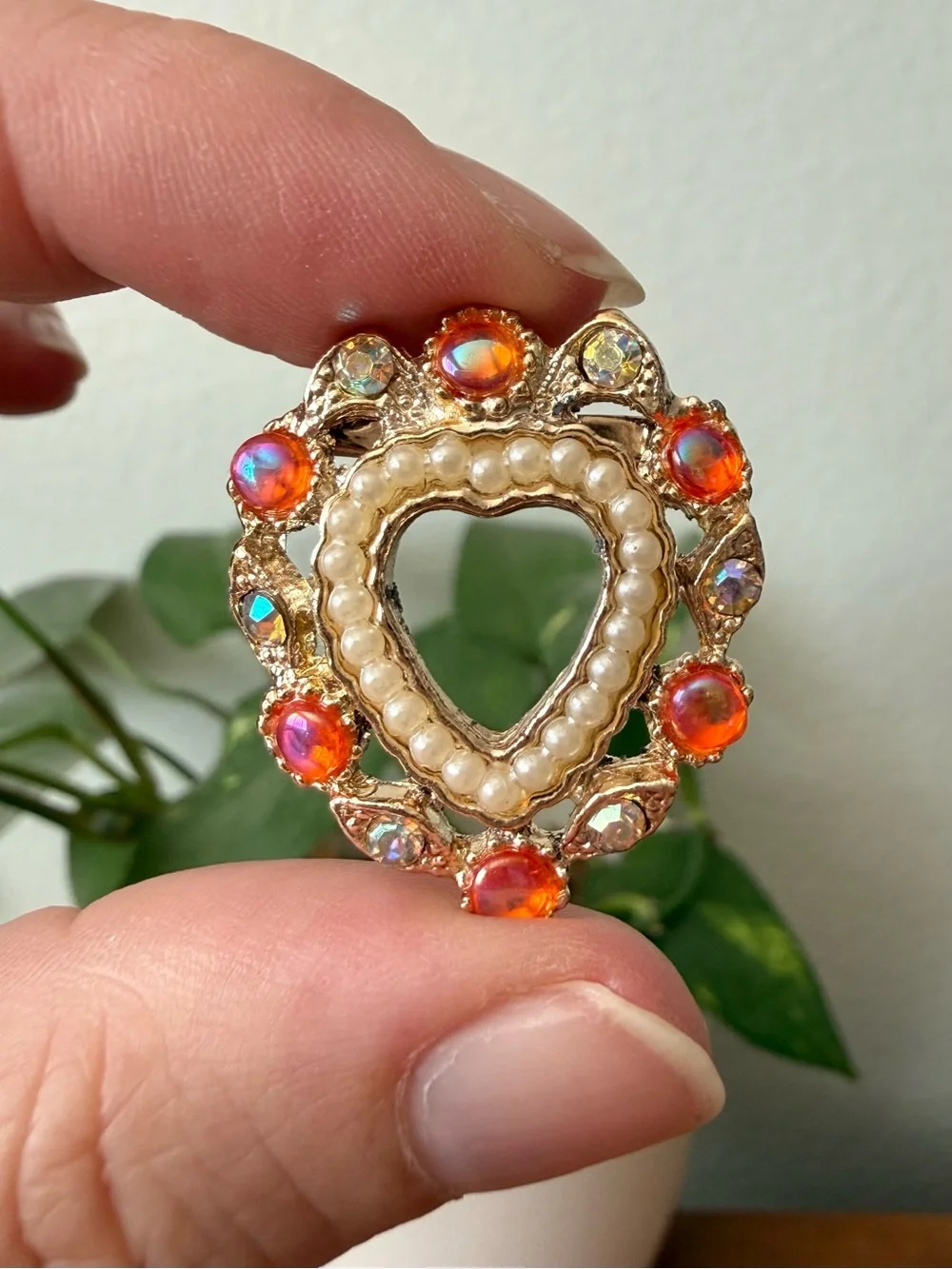 Vintage AB Orange Pink Cabochon & Crystal Rhinestones Pearls Heart Brooch Pin